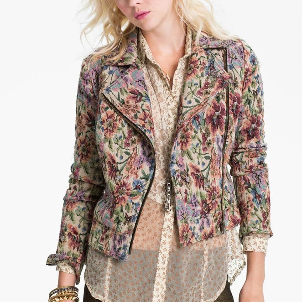 Free People Tapestry Moto Jacket 6 Floral Zip Asym